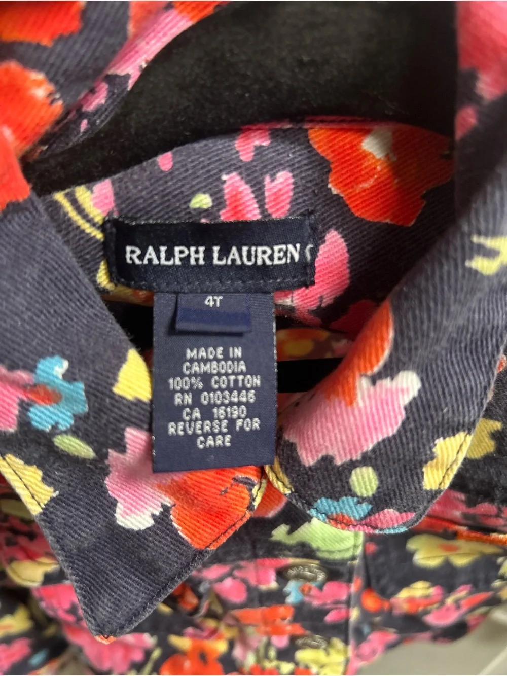 Ralph Lauren Black Floral Print Denim Jacket with Bright Blooms Sz 4T